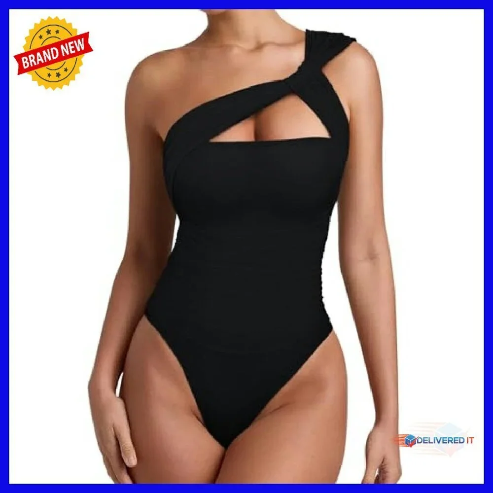 One Shoulder Mesh Bodysuit Backless Ruched Asymmetrical Top